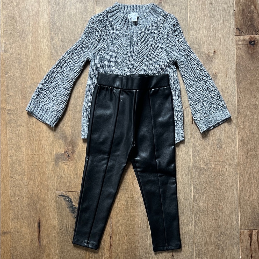 EUC SPLENDID 2T Gray shimmer Knit Sweater and Black Faux Leather Leggings Set